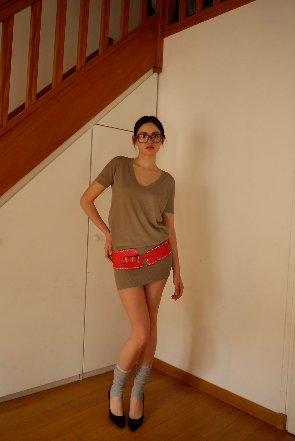 Thumbnail: Beige Knit Dress with Pockets