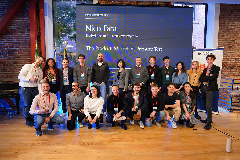 The full INNOVIT Cohort 17 group photo with Nico Fara after the Product-Market Fit Pressure Test session, with the Product Market Pro title slide displayed on screen behind them.