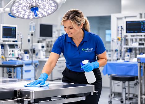 Commercial cleaning technician disinfecting a surgery room countertop