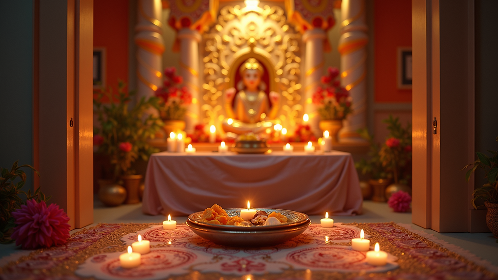 Eye-level view of a beautifully decorated home altar for a Hindu ceremony