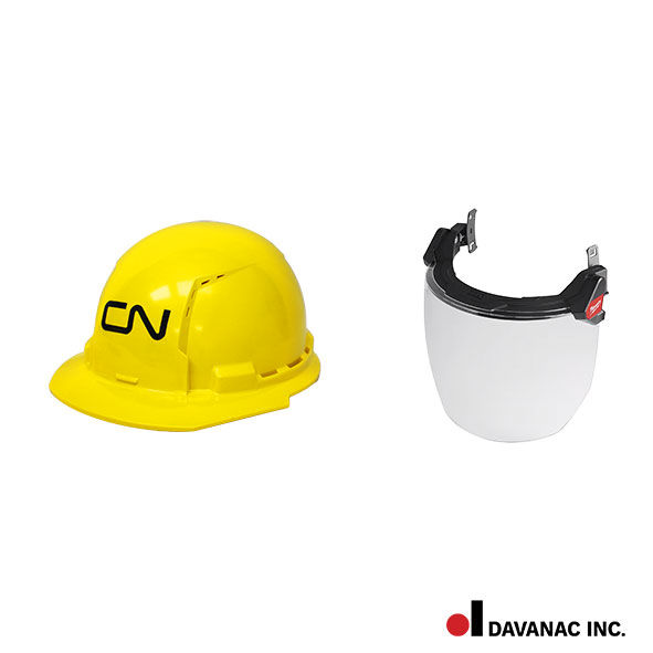 Hard hat kit, yellow, front brim, vented, black CN logo with clear face shield