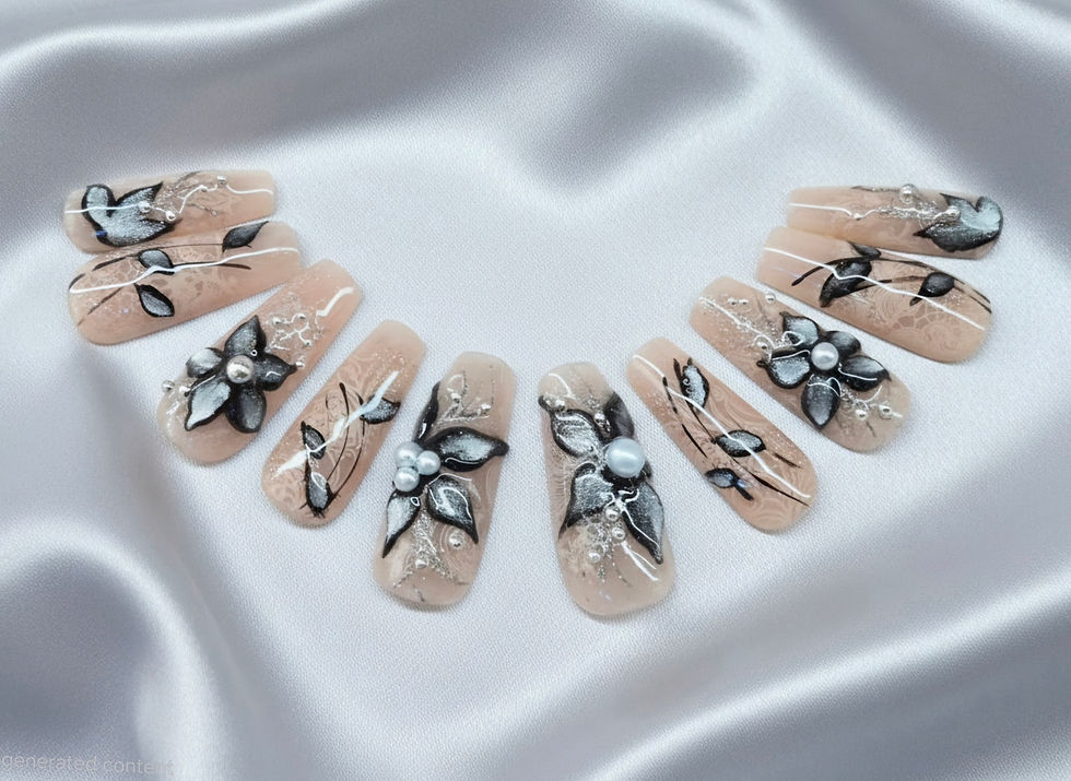 press on nails with silver and black flowers