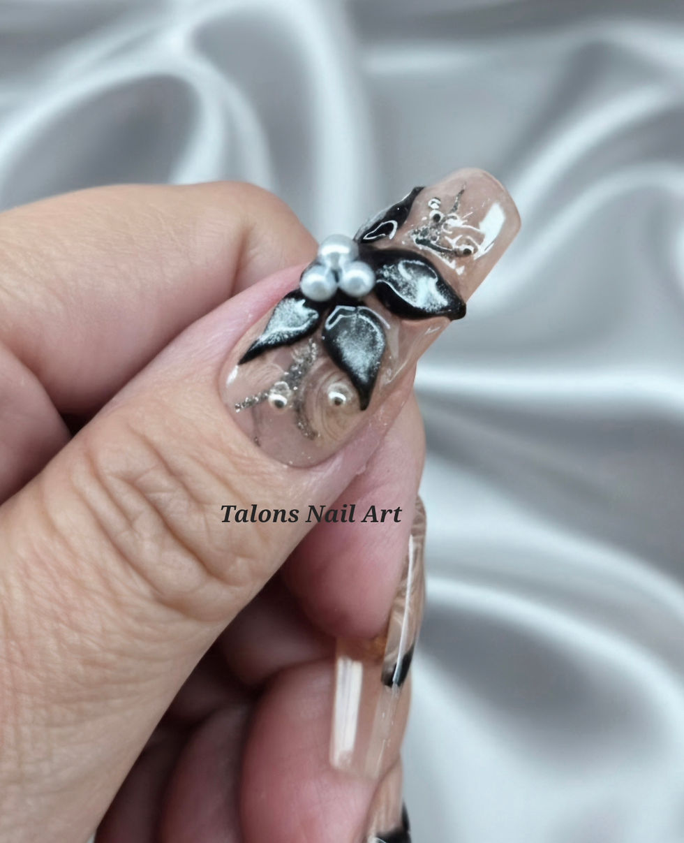 Thumbnail: thumb with a press on nail with silver and black flowers
