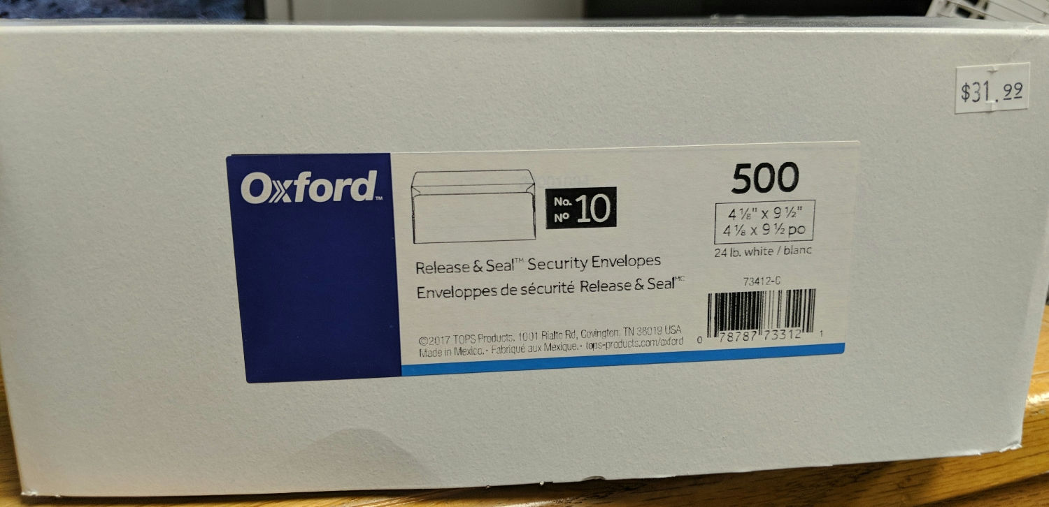 Oxford #10 4⅛ x 9½ Peel & Seal Security White Envelope