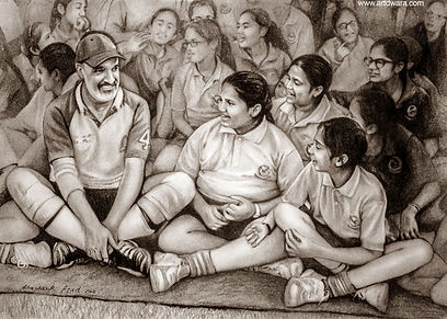 A dry pastel portrait of a group of students with their headmaster