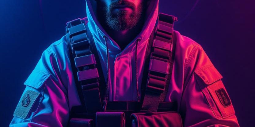 Man in a tactical vest and hoodie stands against a neon-lit background, with purple and blue hues creating a moody atmosphere.