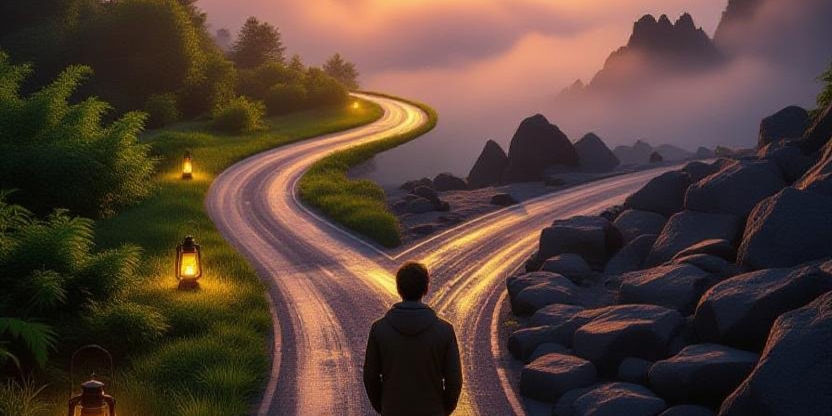 A person stands at a fork in a road surrounded by lush greenery and rocks, lanterns lighting the path at sunset, creating a tranquil mood.
