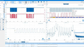 Picoscope Graphs and waveforms with blue and red lines on a software interface. Data tables and toolbars are visible. Tech and analysis setting.