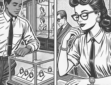 Cartoon of couple picking out their engagement ring for a NYC proposal