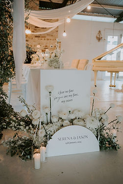 Statement welcome sign displayed with florals in front of a styled table