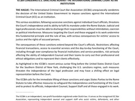 ICCBA Condemns United States Sanctions against the International Criminal Court as an Institution