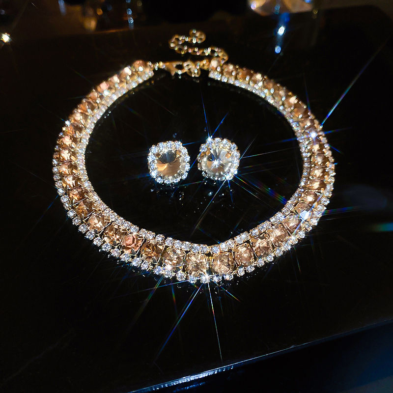 Thumbnail: Luxury Green Rhinestone Necklace Stud Earrings For Women Crystal Choker Necklace