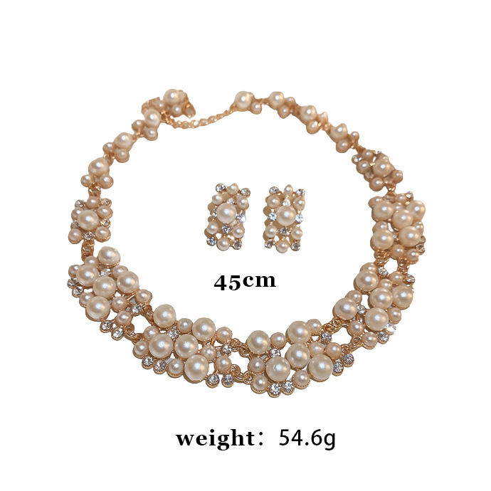 Thumbnail: 3 Pcs Rhinestone Pearl Rectangular Earrings Necklace Set Two-piece Vintage Choke