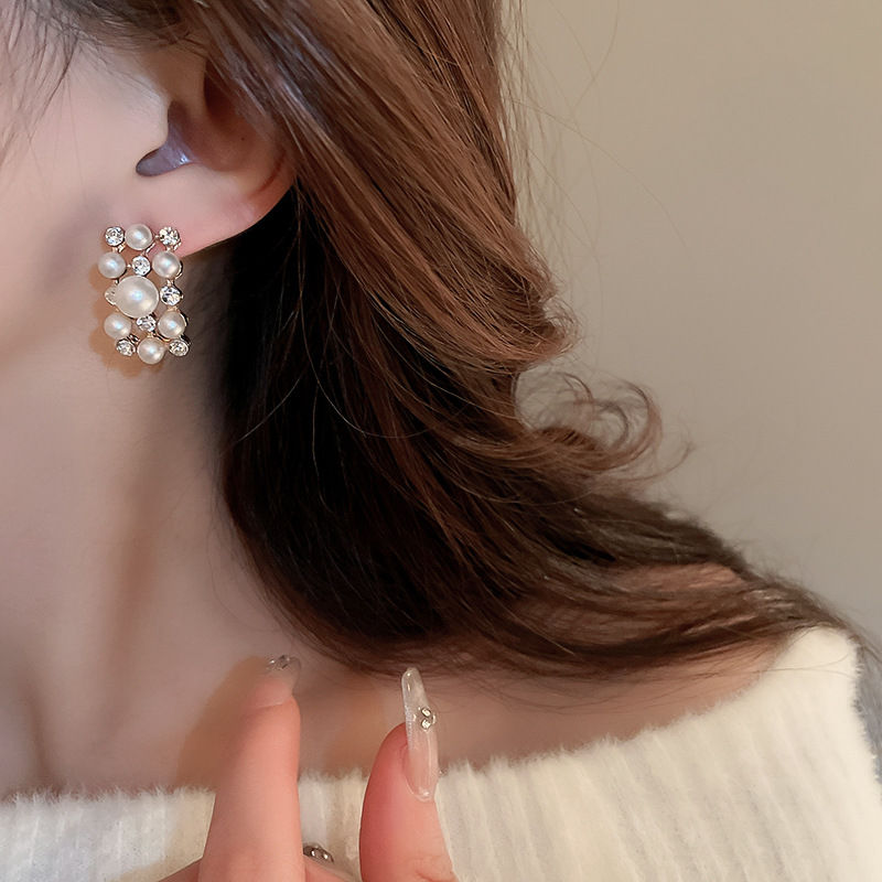 Thumbnail: 3 Pcs Rhinestone Pearl Rectangular Earrings Necklace Set Two-piece Vintage Choke
