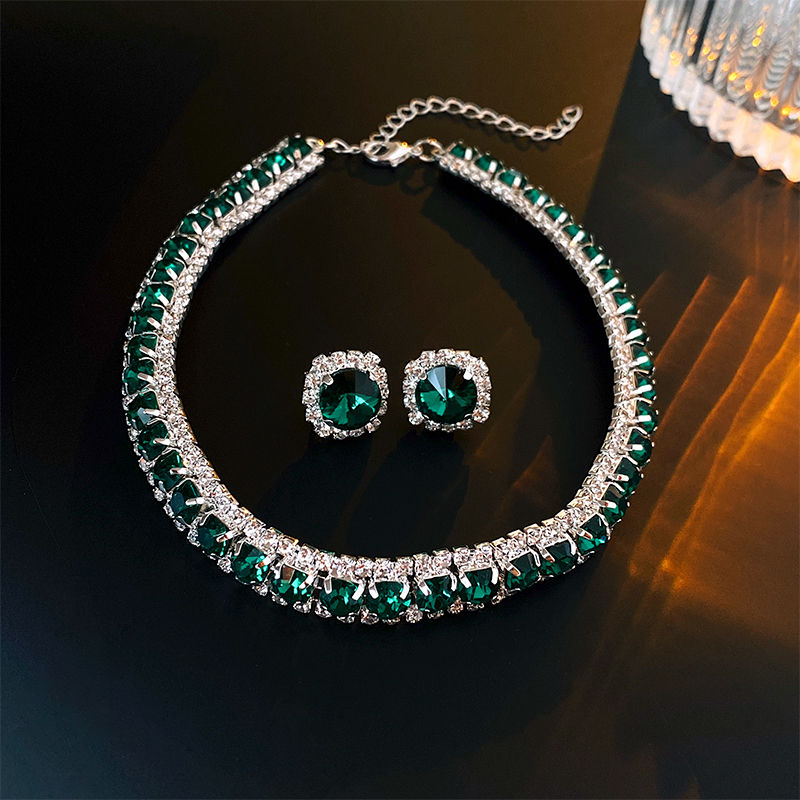 Luxury Green Rhinestone Necklace Stud Earrings For Women Crystal Choker Necklace