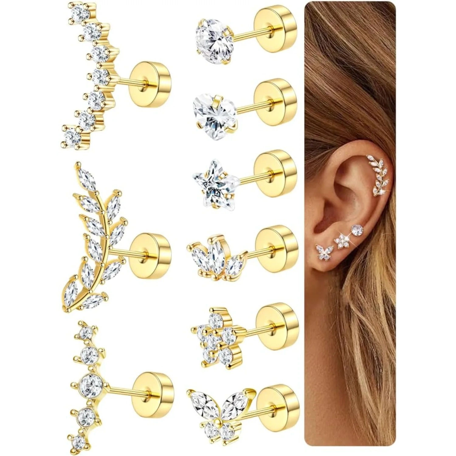 Bobisty Surgical Steel Cartilage Studs Earrings Hypoallergenic Earring Set Flat