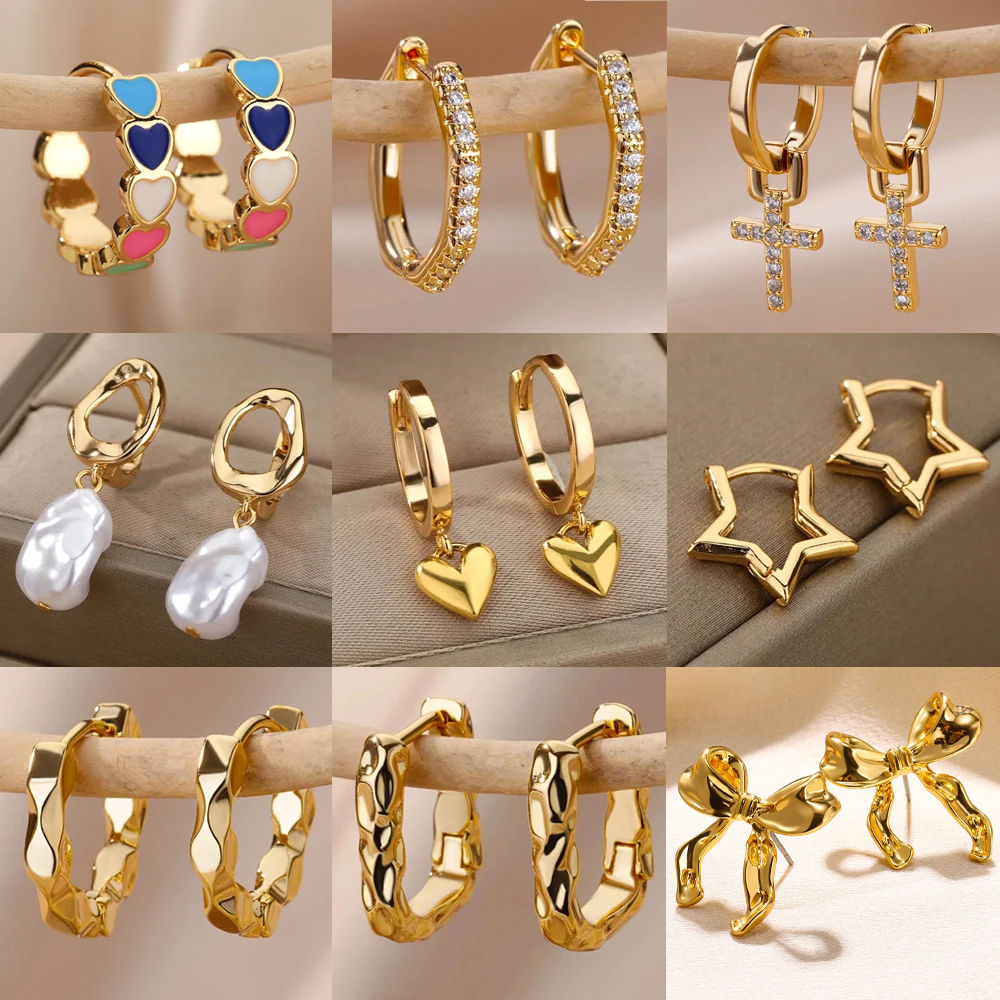 Heart Stainless Steel Earrings for Women Zircon Gold Color Hoop Earring Aestheti