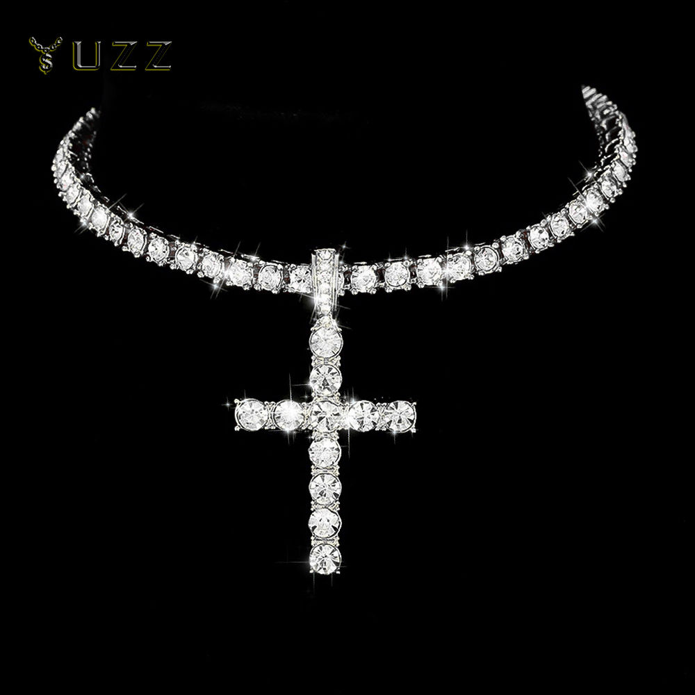 Hip Hop Iced Out Cross Pendant Necklace Strap 4mm Zircon Tennis Chain Men Women