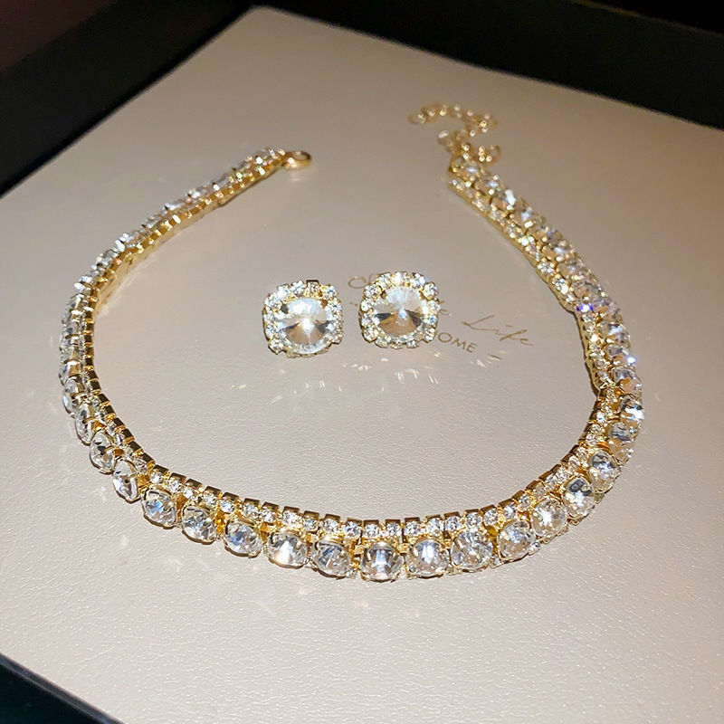 Thumbnail: Luxury Green Rhinestone Necklace Stud Earrings For Women Crystal Choker Necklace