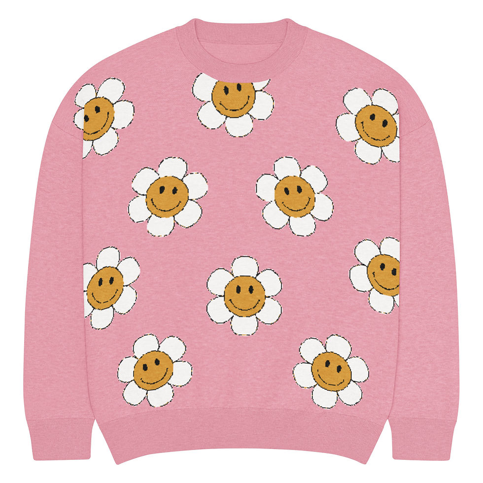 Thumbnail: Relaxed Fit Knitted Crew Neck Sweater - Pink Bloom Smiley Flower