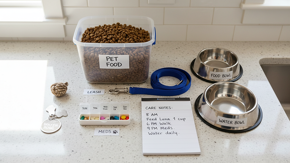 Overhead view of labeled pet supplies arranged neatly on a kitchen counter