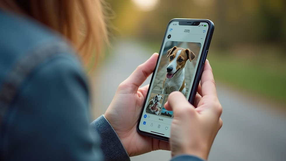 Close-up view of a smartphone screen showing a dog walking app with photos and messages