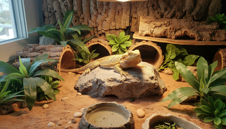 Overhead view of a bearded dragon basking near rocks and leafy habitat decor