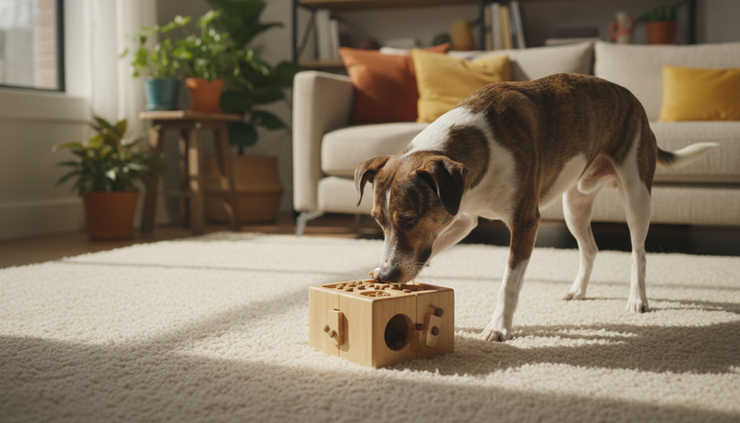 Eye-level view of a dog sniffing a puzzle toy on a living room rug