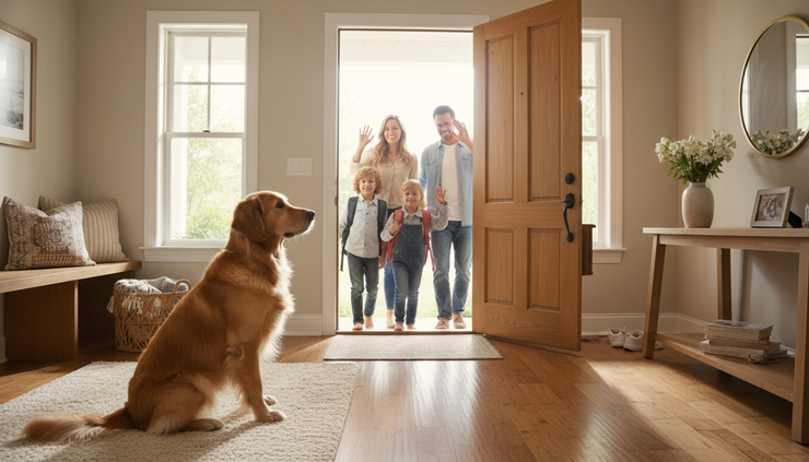 Eye-level view of a dog watching a family leave through the front door
