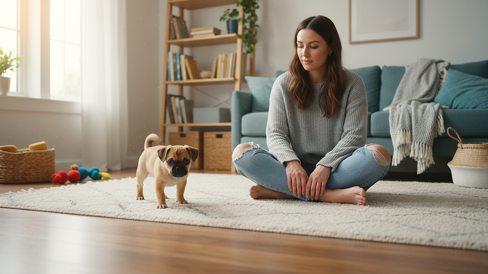 Wide-angle view of a caregiver sitting on the floor while a shy dog approaches slowly
