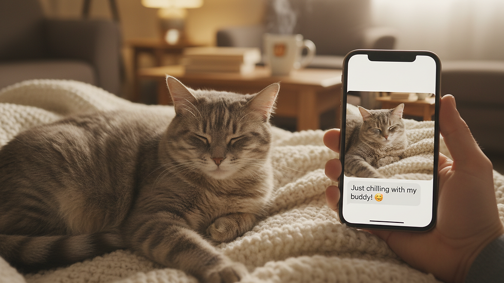Close-up of a hand holding a phone with a pet photo message while a cat rests nearby