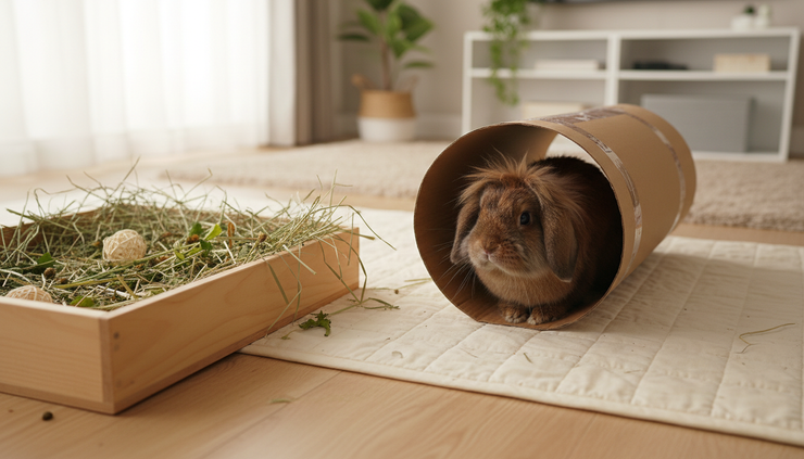 Wide-angle view of a rabbit exploring a cardboard tunnel and hay-filled box