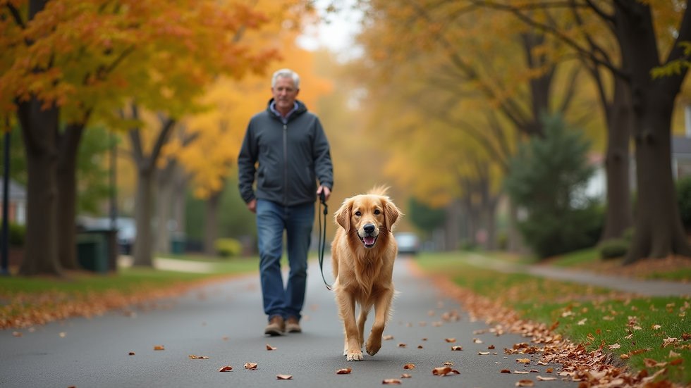 Eye-level view of a dog walker walking a happy golden retriever on a leafy neighborhood street