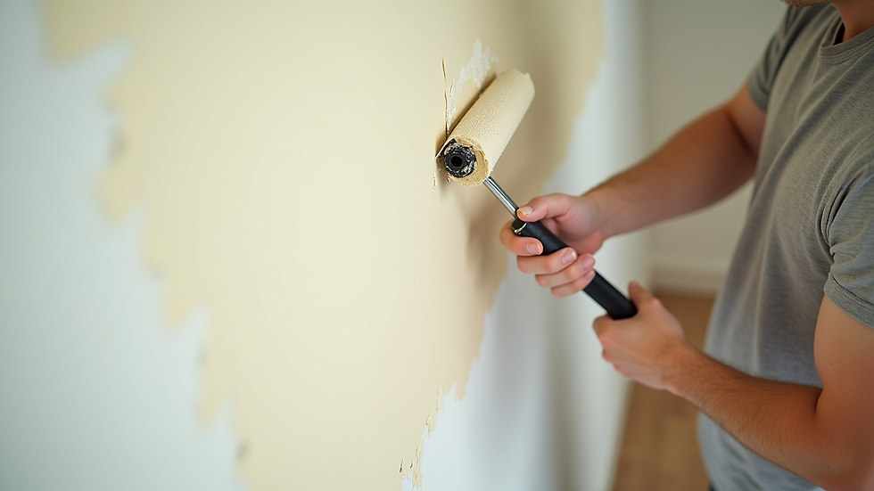 High angle view of painter rolling paint on interior wall