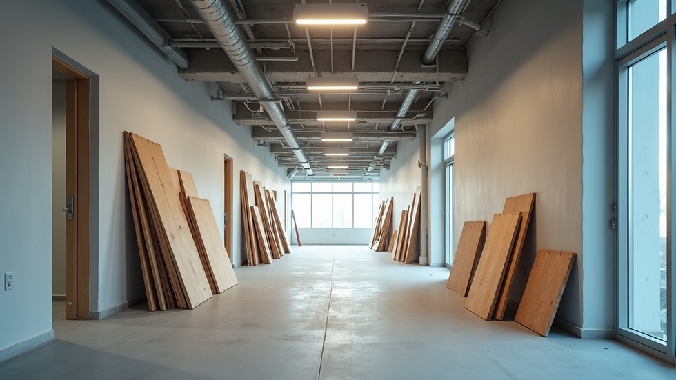 Eye-level view of a commercial office space under renovation with construction materials