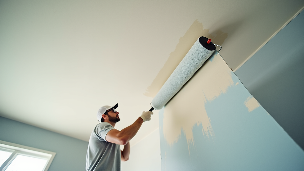 Wide angle view of painter rolling paint on a ceiling