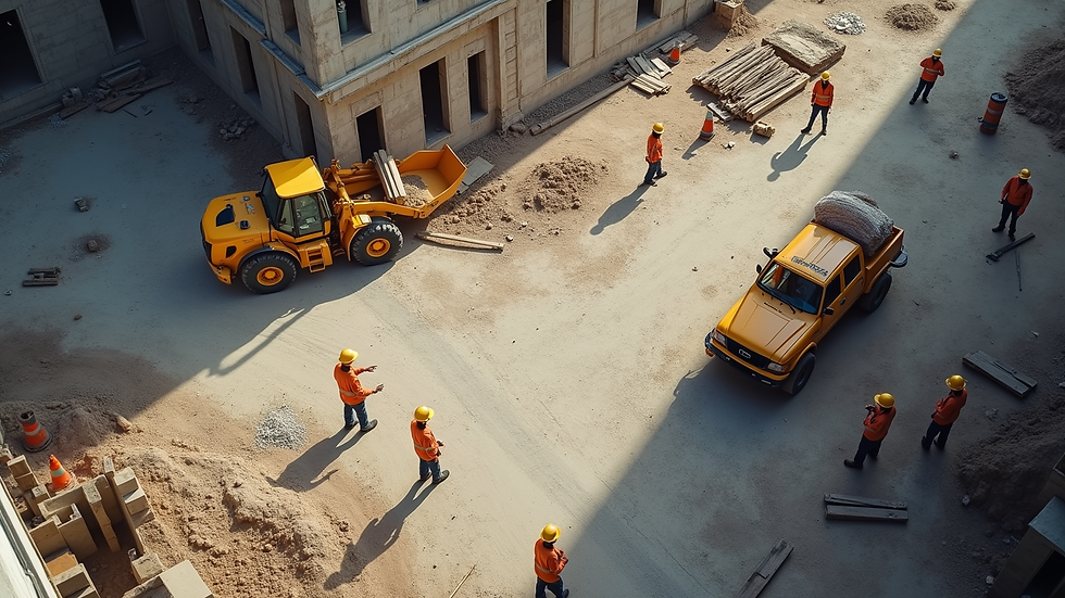 High angle view of a construction site with workers and building materials