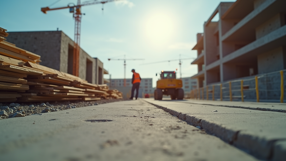 Eye-level view of a construction site with workers and building materials