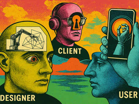 Surreal pop art illustration of the Design Triangles AI design simulation game, showing the Designer with a machine in his head, Client with keyhole glasses, and User holding a smartphone.