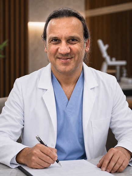 Beyaz önlüklü, gülümseyen erkek doktor masada not alıyor.