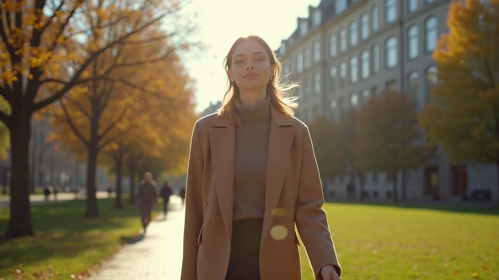 Eye-level view of a stylish woman walking in a city park