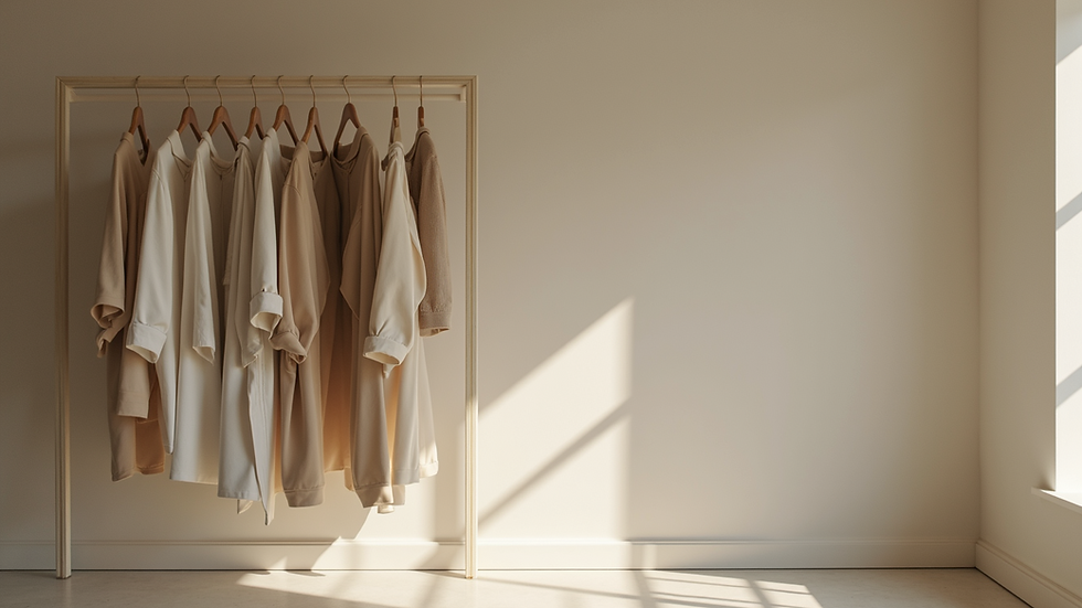 High angle view of a minimalist wardrobe with neutral-toned clothing