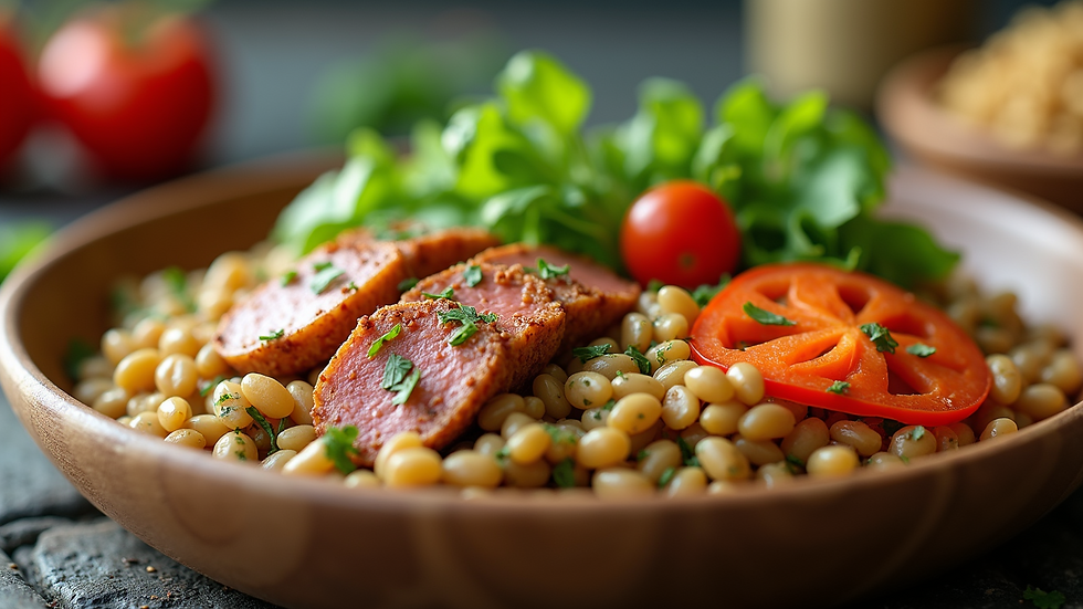 Close-up view of a nutritious meal with fresh vegetables and grains