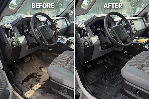 Ford F250 Interior Detailing. Fleet interior detailing in Barrie. Heavy equipment interior detail. commercial vehicle before and after.