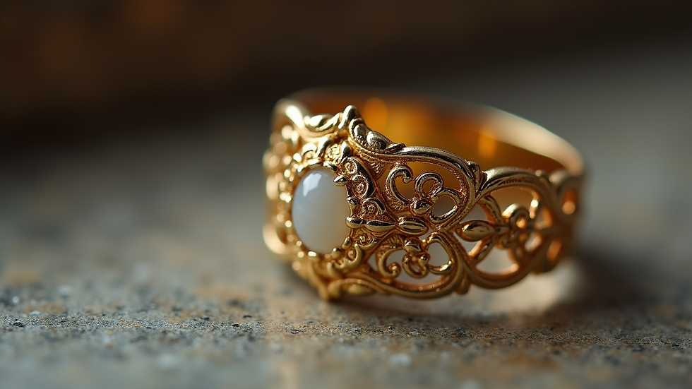 Close-up view of a vintage-inspired gold ring with intricate filigree work