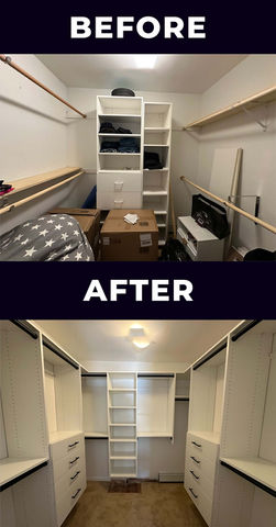 Closet organization with shelves, baskets, and accessories