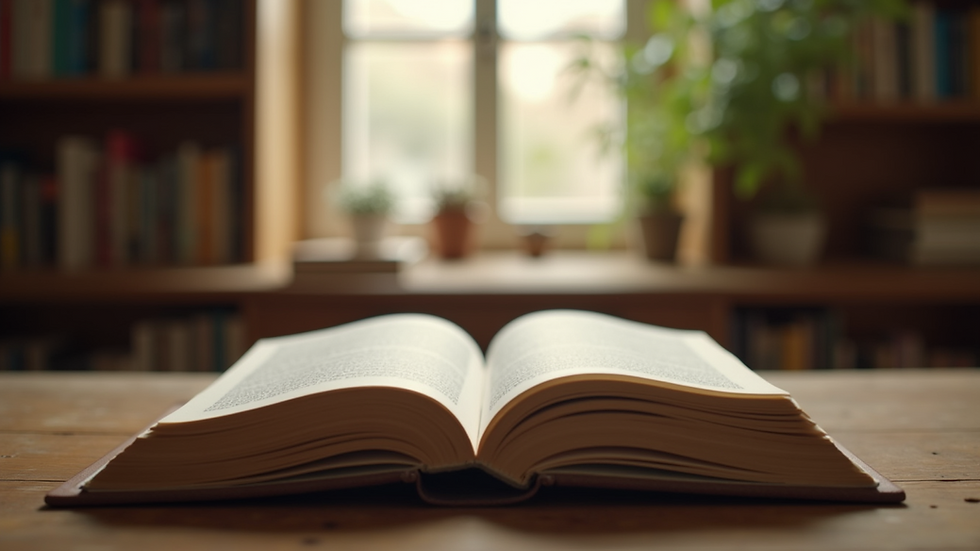 Eye-level view of an open book with a cozy reading nook