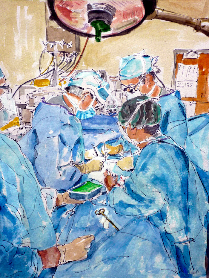 Four surgeons performing a surgery