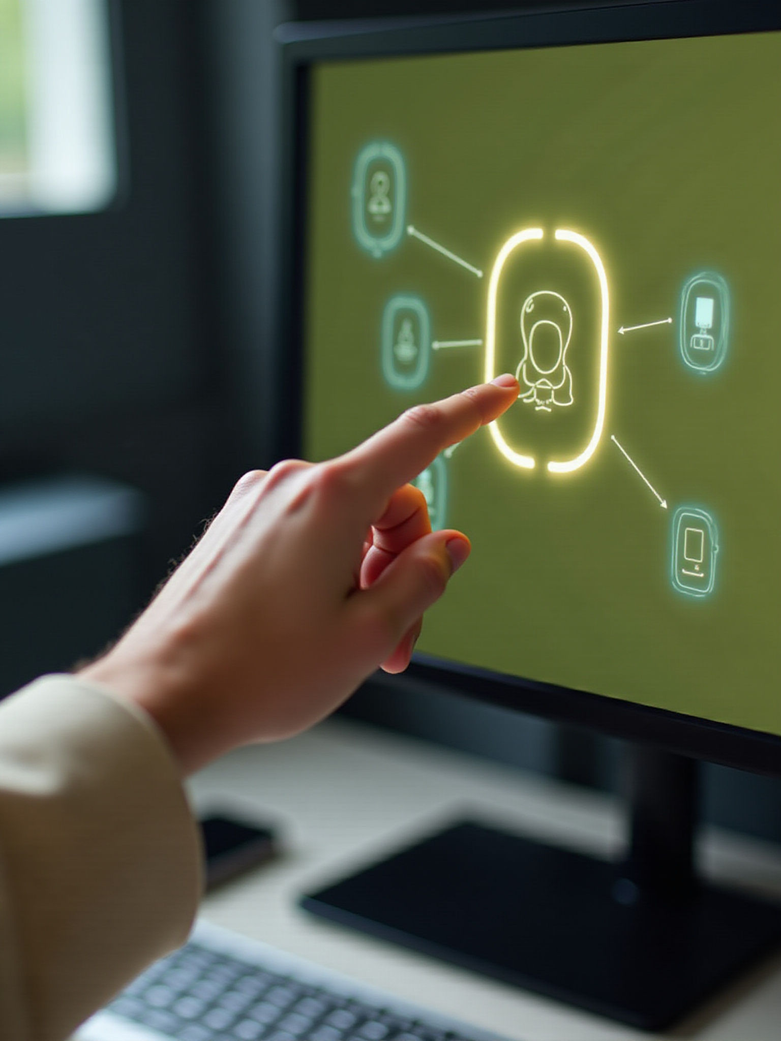 Hand touching computer screen with user icons, AI Automation for network connections.