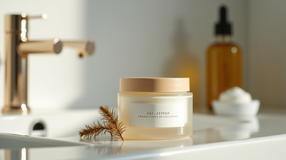 Eye-level view of a hair mask jar and natural oils on a bathroom counter